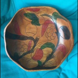 Vintage Hand Made Carved Painted Floral Folk Art Wood Bowl